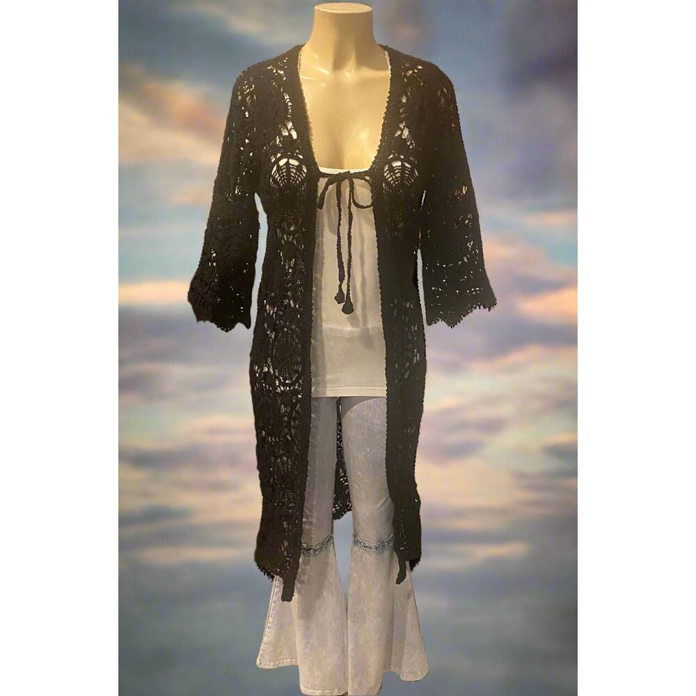 Origami Black Crochet Cardigan Cover up Small /Medium